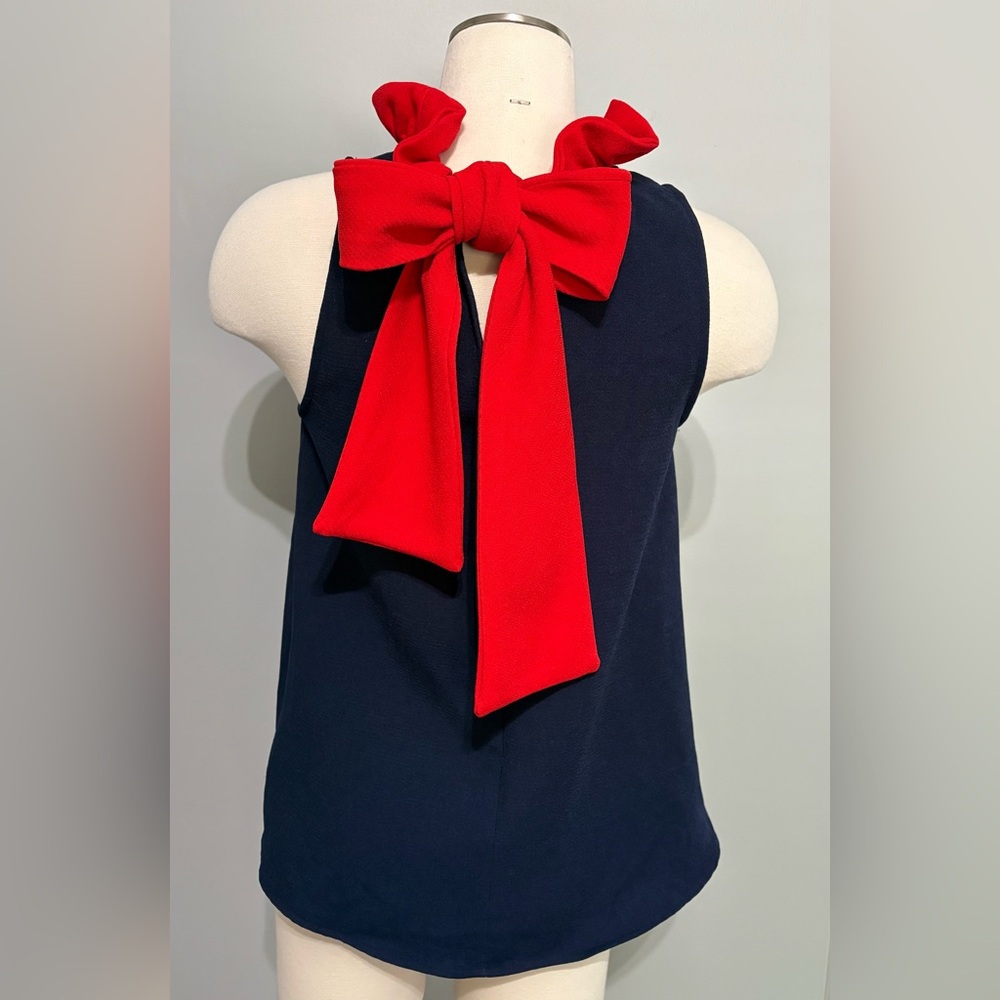 Tuckernuck Pomander Place Mason Ruffle Bow Tie Blouse Navy and Red Size XS - Picture 5 of 8